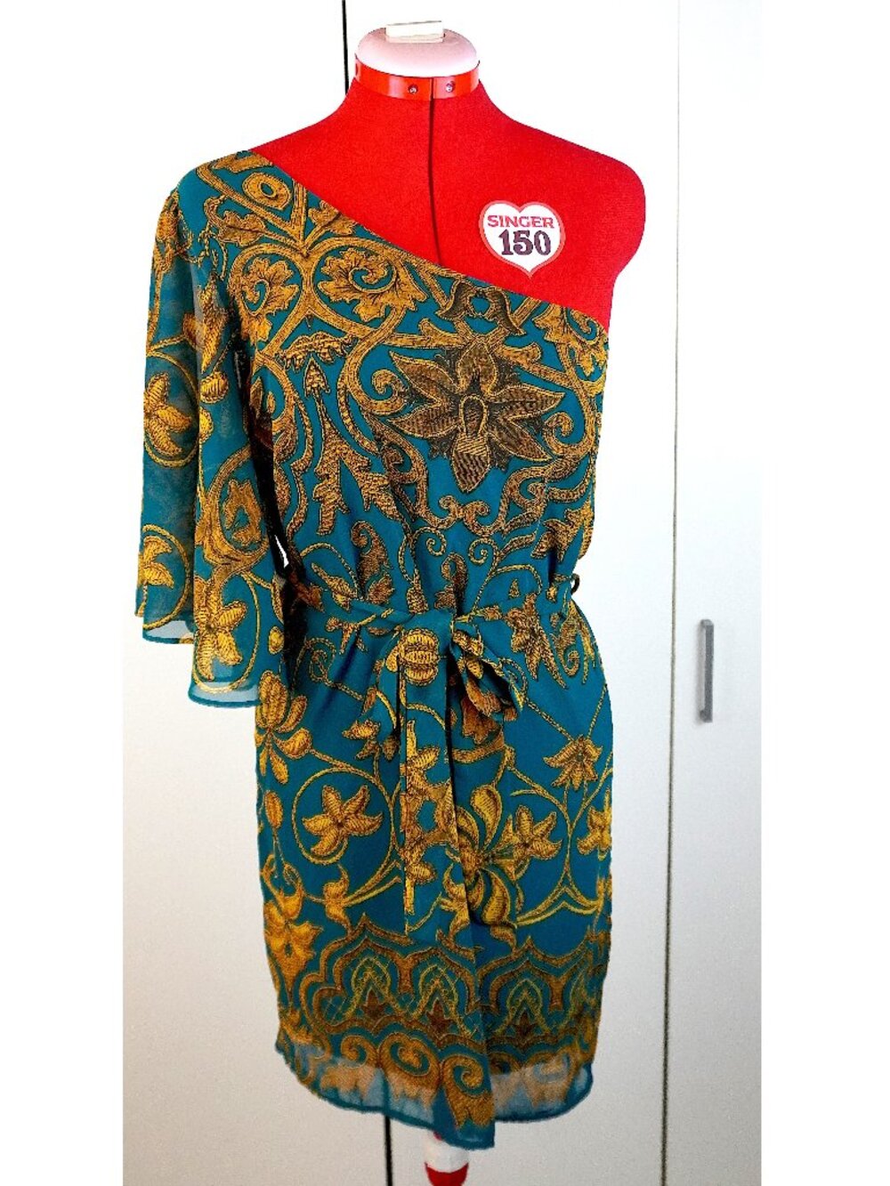 ModCloth (teenpLo) One-Shoulder Drapey Dress in Ornate Teal & Gold Print